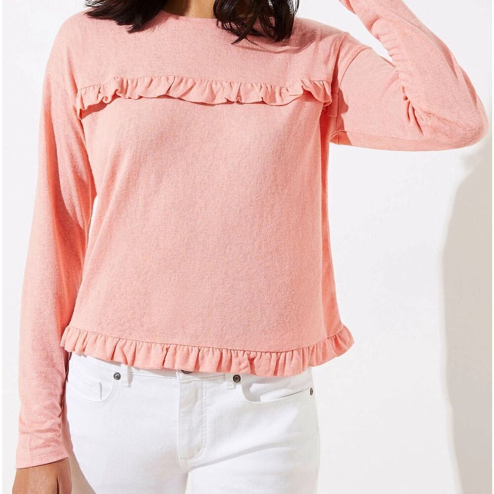 Ann Taylor LOFT Top Small Tee Pink Coral Long Sleeve Cropped Ruffled